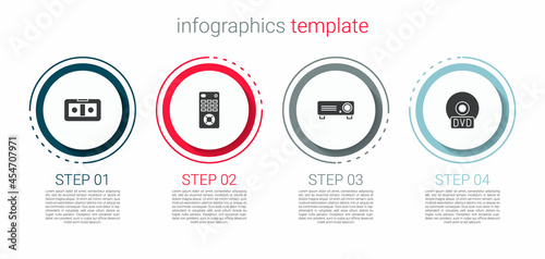 Set VHS video cassette tape, Remote control, Movie, film, media projector and CD DVD disk. Business infographic template. Vector