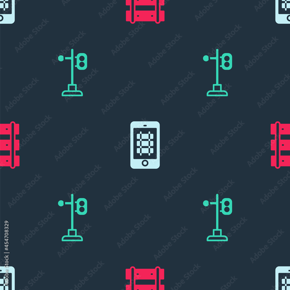 Set Railway, railroad track, Buy train ticket online and Train traffic light on seamless pattern. Vector Set Railway, railroad track, Buy train ticket online and Train traffic light on seamless pattern. Vector