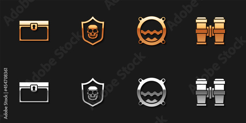 Set Antique treasure chest, Shield with pirate skull, Ship porthole seascape and Binoculars icon. Vector