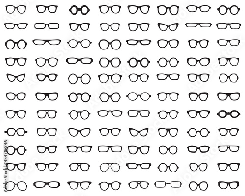 Black silhouettes of different eyeglasses  on white background
