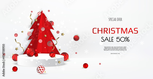 Christmas podium with snowflakes and paper trees,xmas balls. Blank pedestal. Vector illustration.
