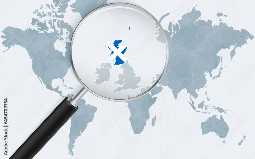 World map with a magnifying glass pointing at Scotland. Map of Scotland with the flag in the loop. World map with a magnifying glass pointing at Scotland. Map of Scotland with the flag in the loop.