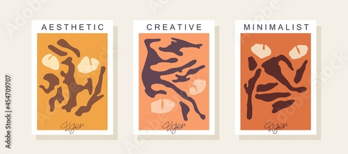 Stylized image of a tiger. Three trendy posters in contemporary minimalistic style. Abstract illustrations inspired by Matisse graphics. Vector template