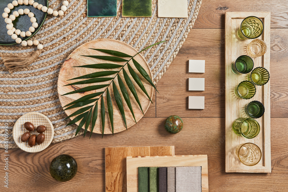 Flat lay of creative architect moodboard composition with samples of building, orange textile and natural materials and personal accessories. Top view, template. - obrazy, fototapety, plakaty 