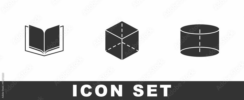 Set Open book, Geometric figure Cube and Cylinder icon. Vector Set Open book, Geometric figure Cube and Cylinder icon. Vector