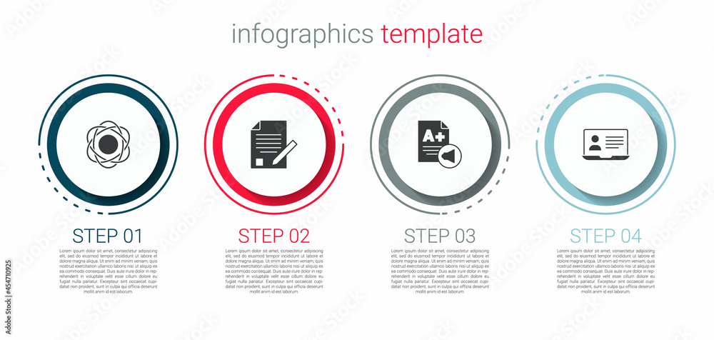 Set Atom, Exam sheet and pencil, with plus grade and Online class. Business infographic template. Vector Set Atom, Exam sheet and pencil, with plus grade and Online class. Business infographic template. Vector