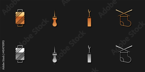 Set Sewing thread on spool, Awl tool, and Knitting needles icon. Vector