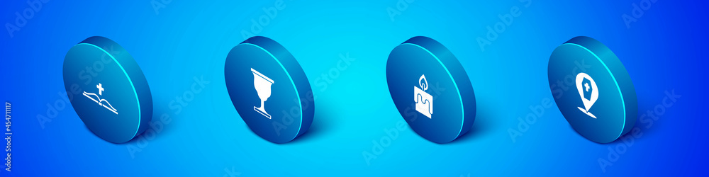 Set Isometric Holy bible book, Burning candle, Coffin with cross and Christian chalice icon. Vector Set Isometric Holy bible book, Burning candle, Coffin with cross and Christian chalice icon. Vector