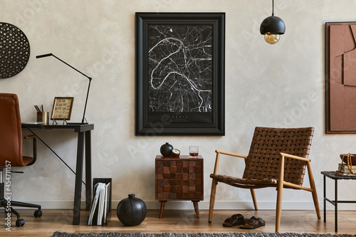 Canvastavla Creative composition of elegant masculine living room interior with mock up poster frame, brown armchair, industrial office desk and personal accessories