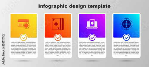 Set Credit card, Deck of playing cards, Online poker table game and Casino roulette wheel. Business infographic template. Vector
