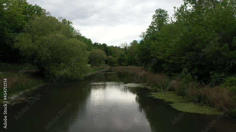 natural water surface in park surrounded by trees. Pond surface reflecting cloudy sky natural water surface in park surrounded by trees. Pond surface reflecting cloudy sky