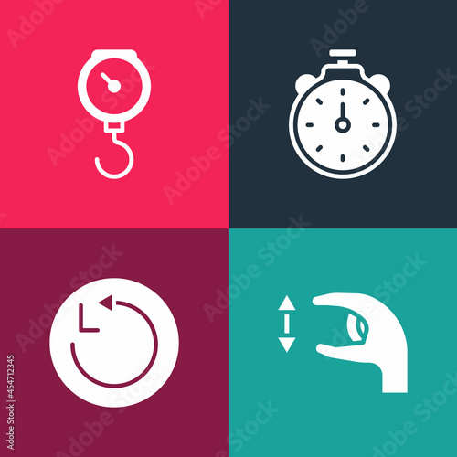 Set pop art Approximate measurements, Radius, Stopwatch and Hand scale spring mechanical icon. Vector