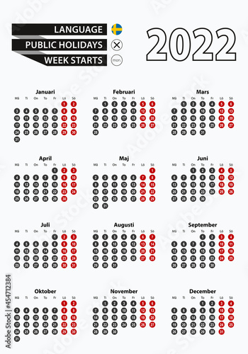Vector template calendar 2022 with number in circles, simple Swedish calendar for year 2022.