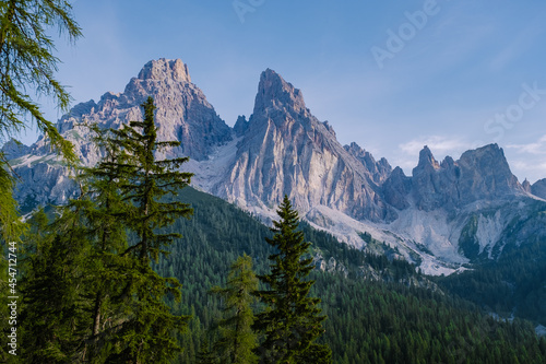 Morning with clear sky on Lago di Sorapis in the Italian Dolomites, milky blue lake Lago di Sorapis, Lake Sorapis, Dolomites, Italy.  photo