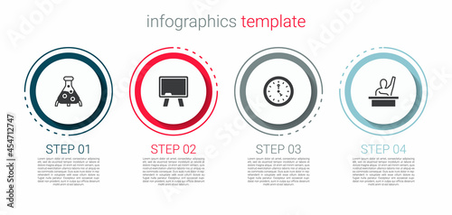 Set Test tube and flask, Chalkboard, Clock and Male kid raising hand. Business infographic template. Vector
