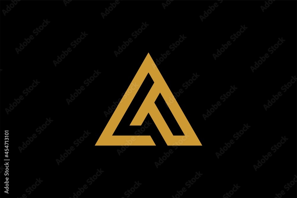 Mountain logo design vector. Triangle abstract illustration symbol. Letter AM outline sign. Gold adventure vector icon.