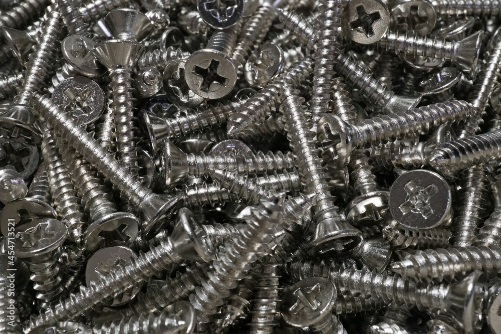 A lot of metal self tapping screws, Texture background A lot of metal self tapping screws, Texture background