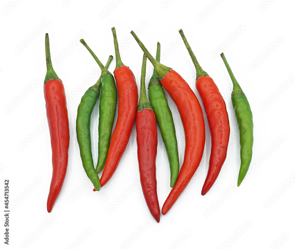 Red and green chili pepper, Hot spice seasoning, Ingredients for spicy food, Isolated on white background, Top view