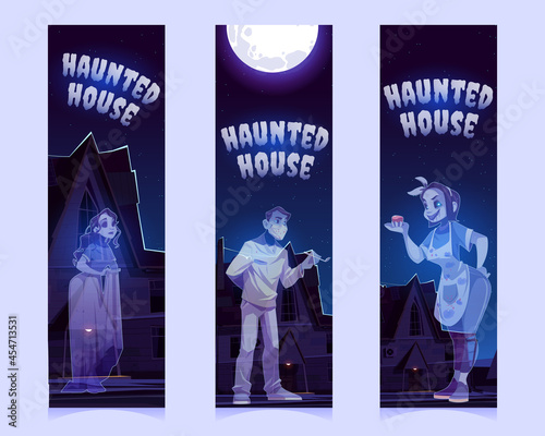 Haunted house with old house with ghosts at night. Vector vertical banners of Halloween party or scary show with spirits. Bookmarks with cartoon illustration of souls of dead people