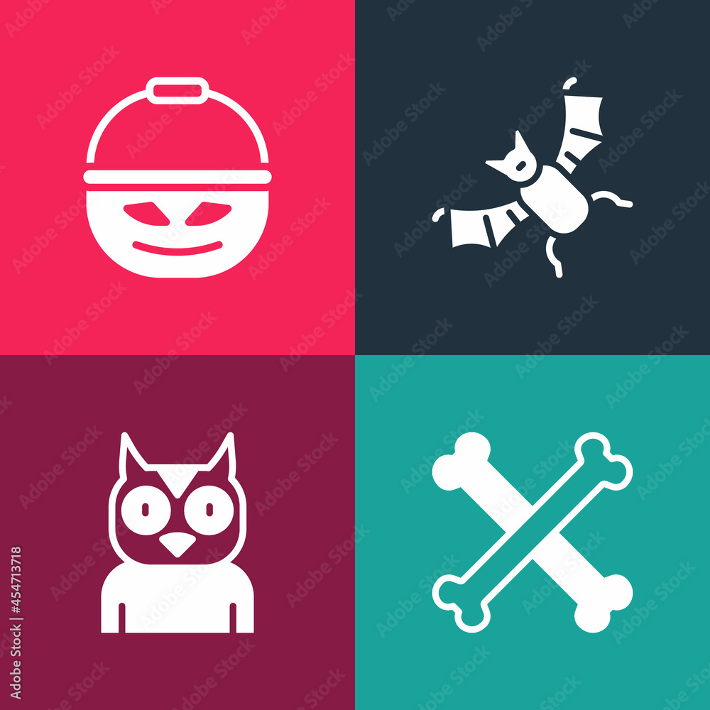 Set pop art Crossed bones, Owl bird, Flying bat and Pumpkin basket for sweets icon. Vector Set pop art Crossed bones, Owl bird, Flying bat and Pumpkin basket for sweets icon. Vector