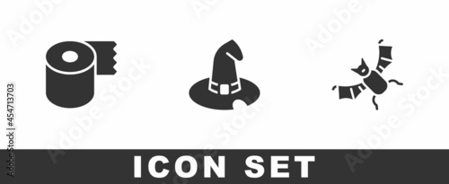 Set Toilet paper roll, Witch hat and Flying bat icon. Vector