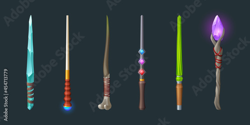 Magic wands, wooden sticks with crystals for magical tricks and spell. Vector cartoon set of wizard rods for create miracles and enchantment isolated on dark background