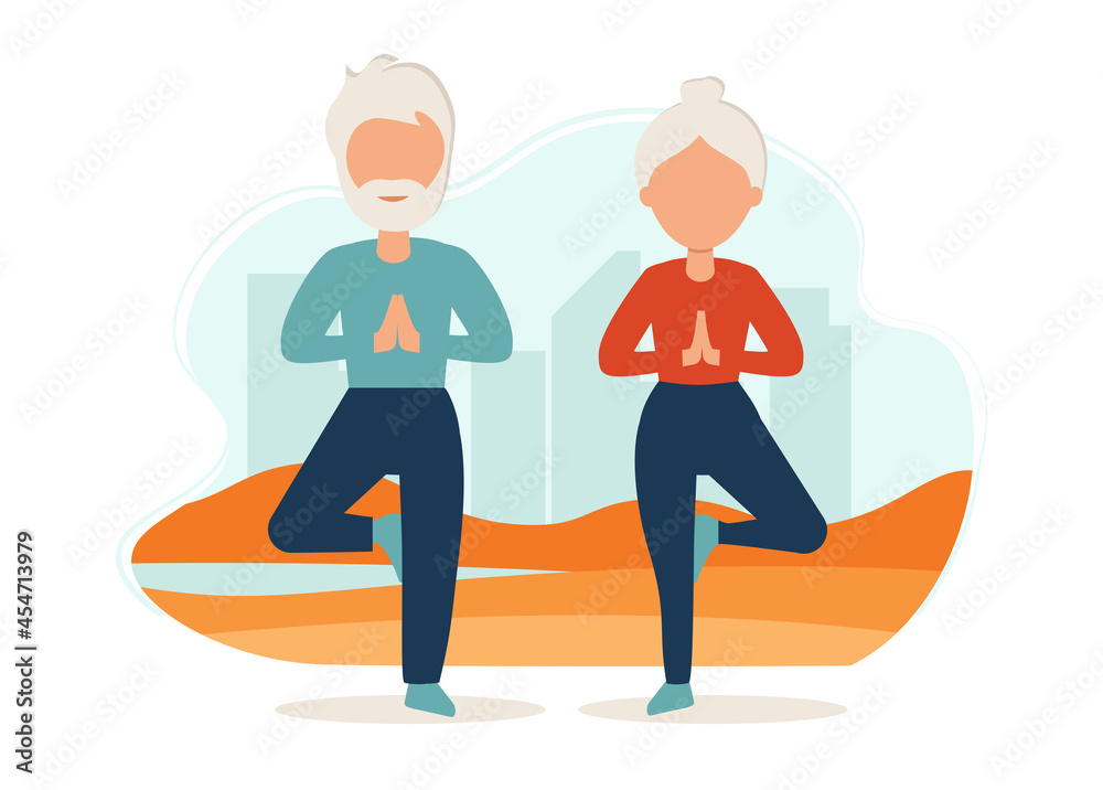 Senior couple goes in for sports on the street. Yoga practice. Illustration in flat style. Old man and woman are active outdoor. Senior couple goes in for sports on the street. Yoga practice. Illustration in flat style. Old man and woman are active outdoor.