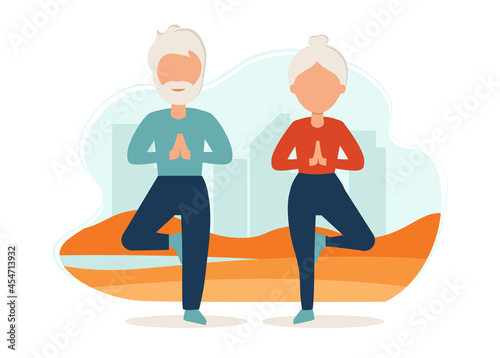 Senior couple goes in for sports on the street. Yoga practice. Vector illustration in flat style. Old man and woman are active outdoor.