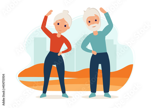 Senior couple goes in for sports on the street. Yoga practice. Vector illustration in flat style. Old man and woman are active outdoor.