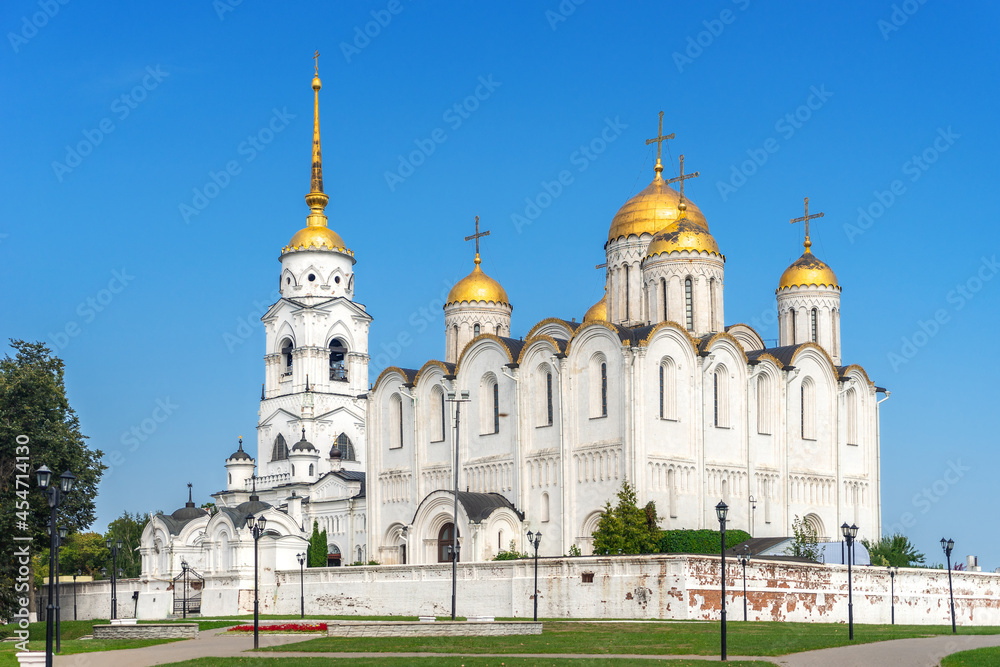 Holy Assumption Cathedral Orthodox church in Vladimir - An outstanding monument of white stone architecture of pre-Mongol Russia. Scenic view in sunny summer day with clear blue sky