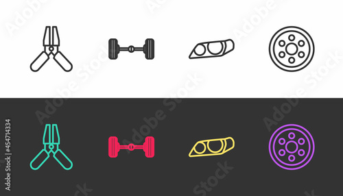 Set line Car battery jumper power cable, Chassis car, headlight and Alloy wheel on black and white. Vector