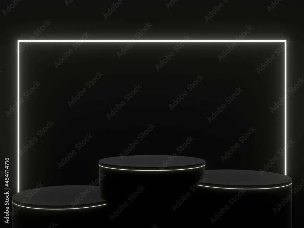3D black podium with white lights. Product stand. 3D black podium with white lights. Product stand.