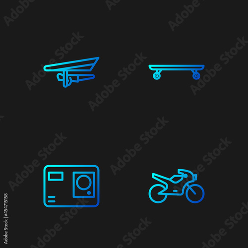 Set line Motorcycle, Action extreme camera, Hang glider and Longboard skateboard. Gradient color icons. Vector