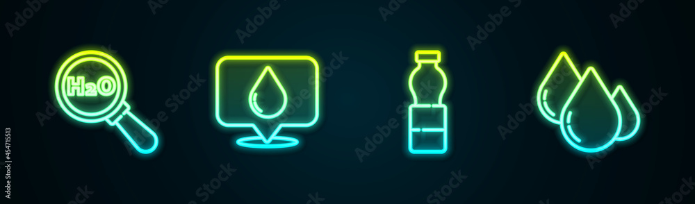 Set line Chemical formula for H2O, Water drop with location, Bottle of water and . Glowing neon icon. Vector Set line Chemical formula for H2O, Water drop with location, Bottle of water and . Glowing neon icon. Vector