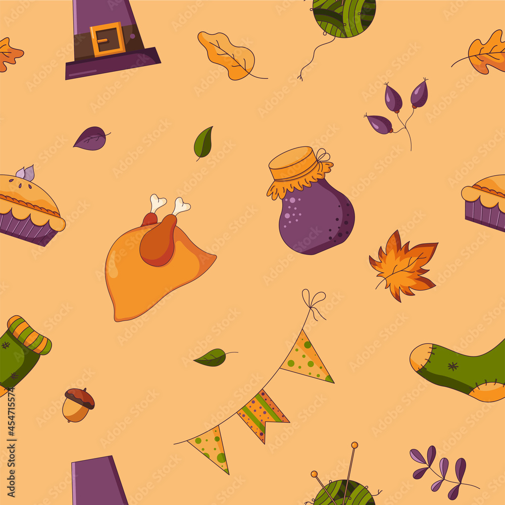 Fototapeta premium Seamless pattern of thanksgiving day in flat style isolated on orange background. Background and texture of celebrating with family. Vector illustration