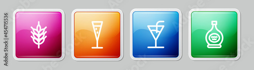 Set line Hop, Glass of champagne, Cocktail and Bottle cognac or brandy. Colorful square button. Vector