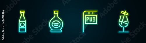 Set line Beer bottle, Bottle of cognac or brandy, Street signboard with Pub and Cocktail. Glowing neon icon. Vector