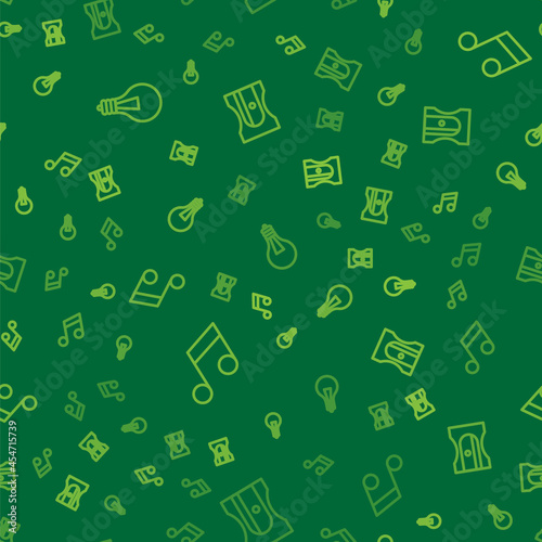 Set line Light bulb with concept of idea, Music note, tone and Pencil sharpener on seamless pattern. Vector