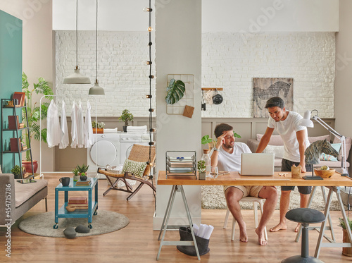 Men living together at home, working, cleaning, talking, washing style, modern decorative house concept, sofa, wooden desk style. © UnitedPhotoStudio