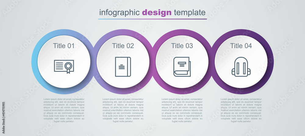 Set line Certificate template, Spiral notebook, Book and School backpack. Business infographic template. Vector Set line Certificate template, Spiral notebook, Book and School backpack. Business infographic template. Vector