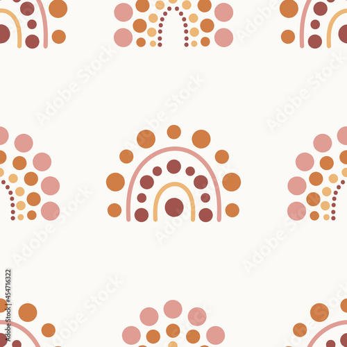 Seamless pattern with boho rainbows in terracotta colors. Neutral nursery art design for decoration, bohemian printing for fabric, wall art. Hand drawn vector illustration.