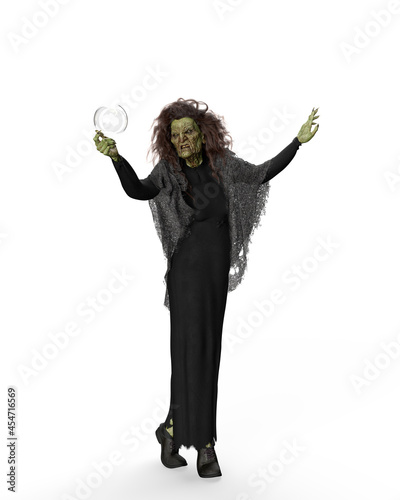 Fotografia Halloween 3D rendering of an old hag witch in black dress with crystal ball isolated on a white background