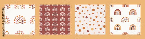 Set of seamless patterns with boho rainbows in terracotta colors. Neutral nursery art design for decoration, bohemian printing for fabric, wall art. Hand drawn vector illustration.