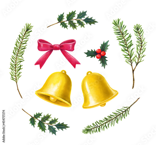 クリスマスのベル飾り　手描きイラスト素材セット