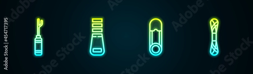 Set line Awl tool, Zipper, Safety pin and Yarn. Glowing neon icon. Vector