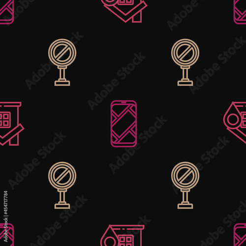 Set line Location with house, Stop sign and City map navigation on seamless pattern. Vector