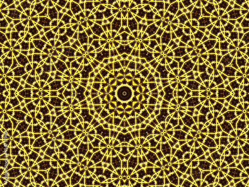 Retro theme poster  Yellow beige color with a black star in the center. Kaleidoscopic and cubic pattern.