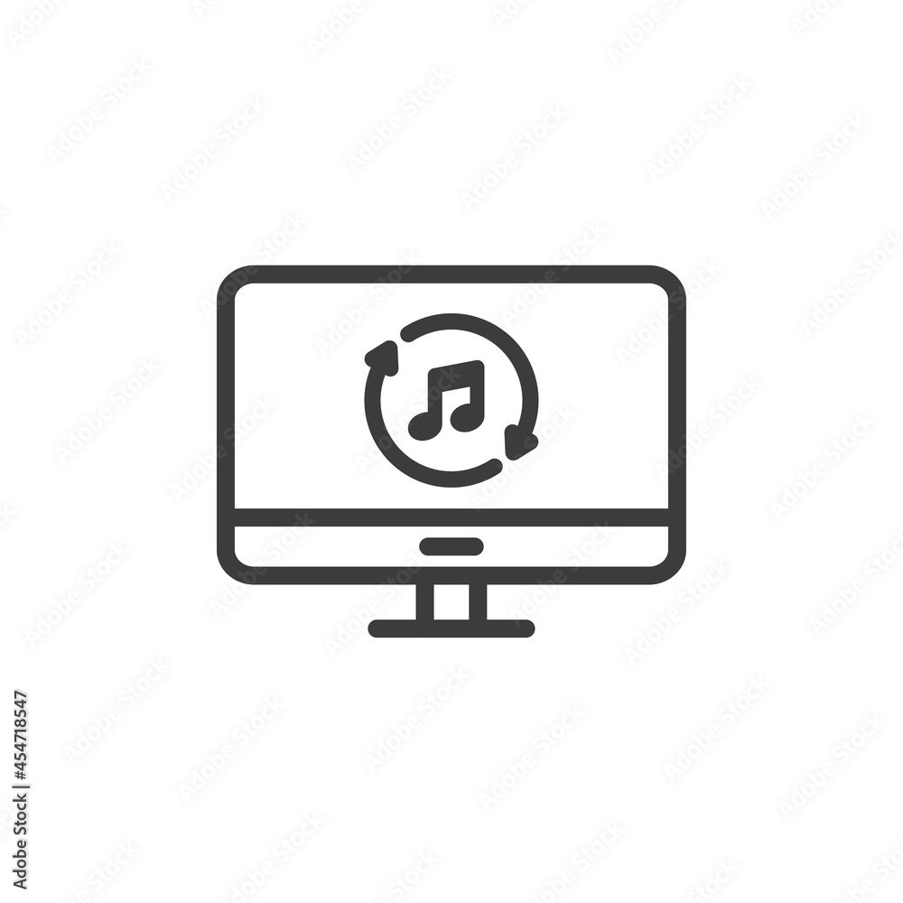 Desktop computer with music player icon on white background.