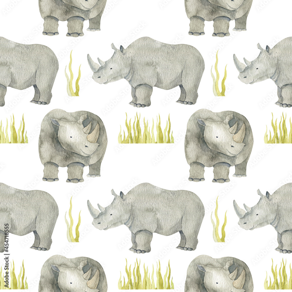 Watercolor hand-drawn seamless pattern Rhinoceros.   Ideal for textiles, packaging and design.