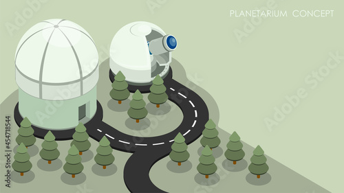 Observatory, planetarium on top of mountain. Station for observing space, stars and planets. Background, web banner, scientific concept. Illustration vector